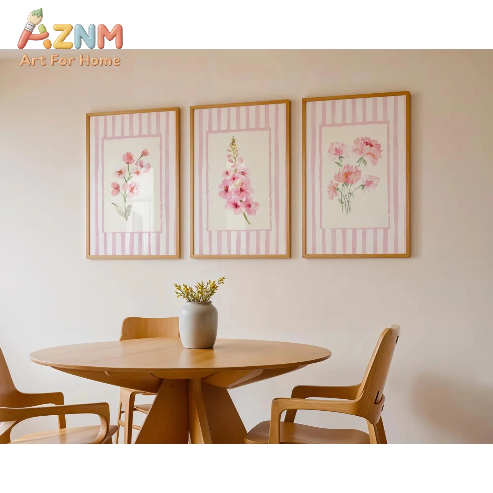 1/3-teiliges rosa Blumen-Kunst-Leinwandposter, Streifen, Grandmillenial-Inspiration, Kunst-Wandkunstdrucke für moderne Heimdekoration