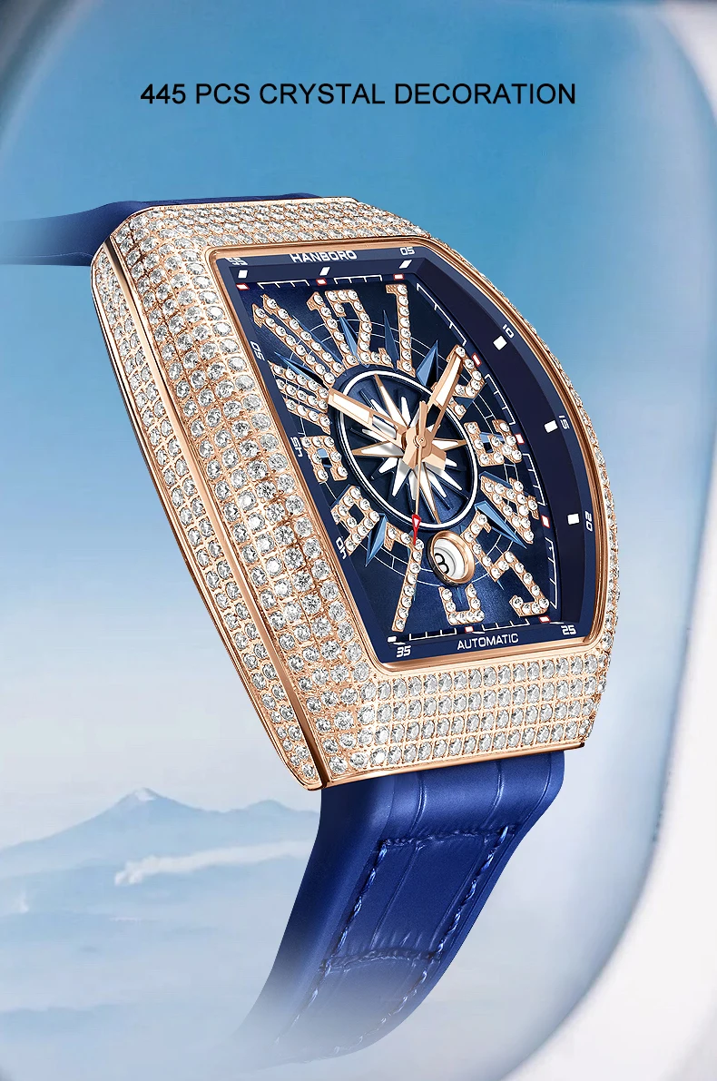 HANBORO-Reloj de pulsera automático para hombre, cronógrafo mecánico Tonneau de lujo, luminoso, resistente al agua, esfera solar, decoración de cristal de 445 piezas