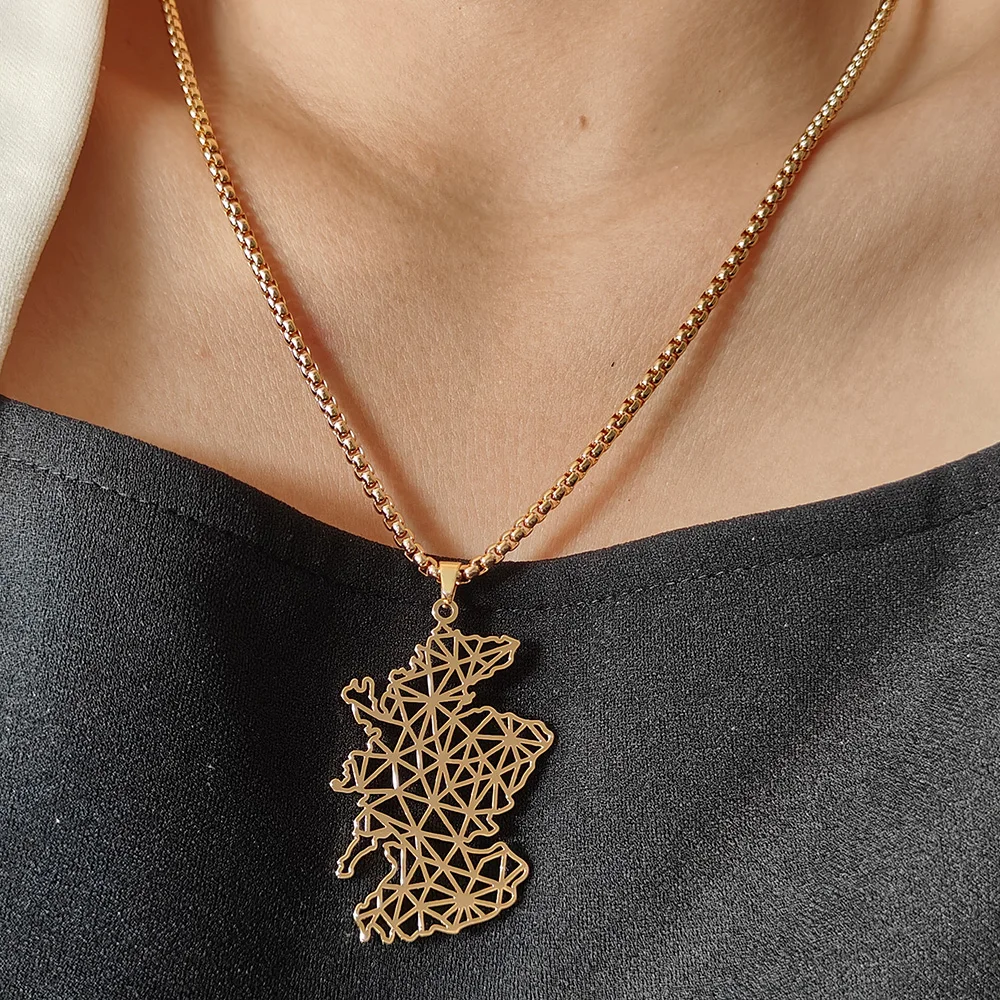 الفولاذ المقاوم للصدأ قلادة للنساء ، الاسكتلندي خريطة قلادة ، الرجعية العالم خرائط المختنق ، شخصية المجوهرات ، العرقية نمط هدية
