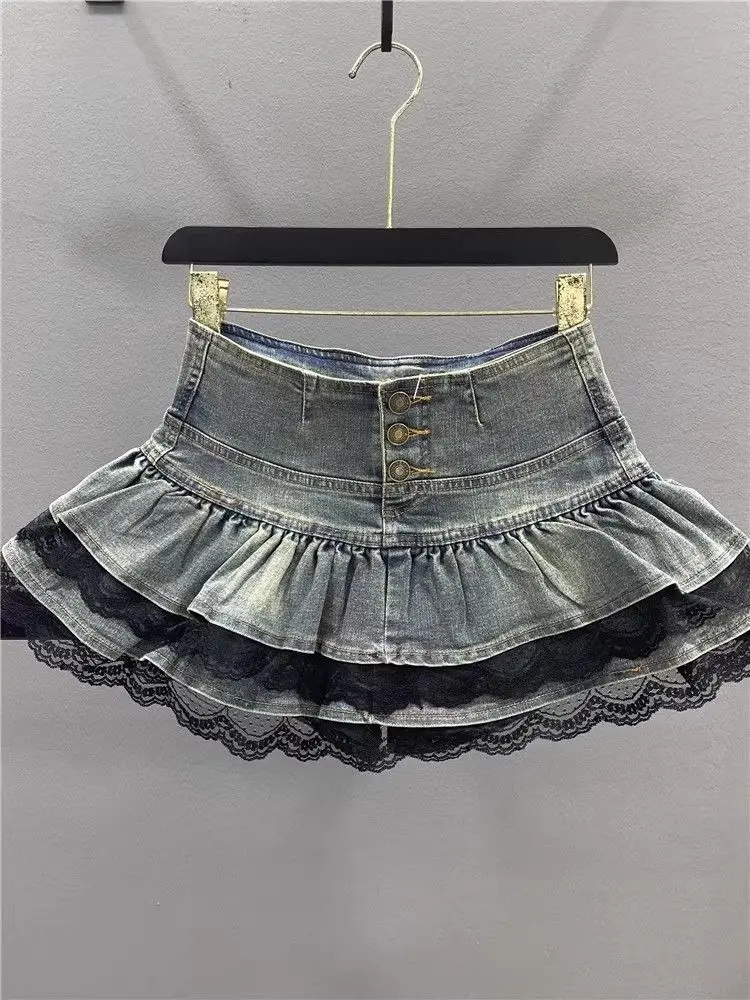 Woman Vintage Denim Pleated Skirt Lace Fold Design A-line Short Skirt Built in Shorts American Spicy Girl Korea Fashion Hotsweet