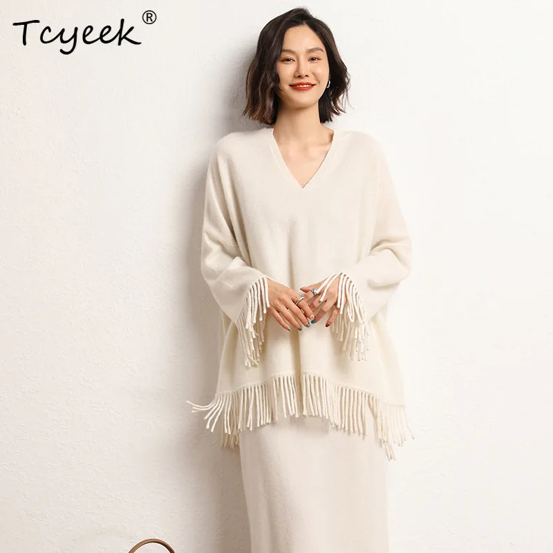 Tcyeek, 12Gขนสัตว์แคชเมียร์หลวมเสื้อกันหนาวผู้หญิงVคอTassels, Casualแฟชั่นPullover, 2024 ฤดูใบไม้ร่วงฤดูหนาวใหม่T48758QM