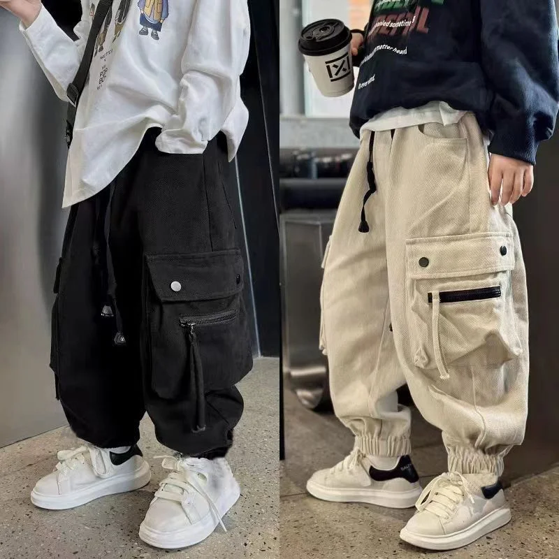 Boys Casual Cargo Pants Spring Autumn Big Kids Sport Long Pants Teenage Streetwear Baggy Trousers Children Fashion Joggers Pants