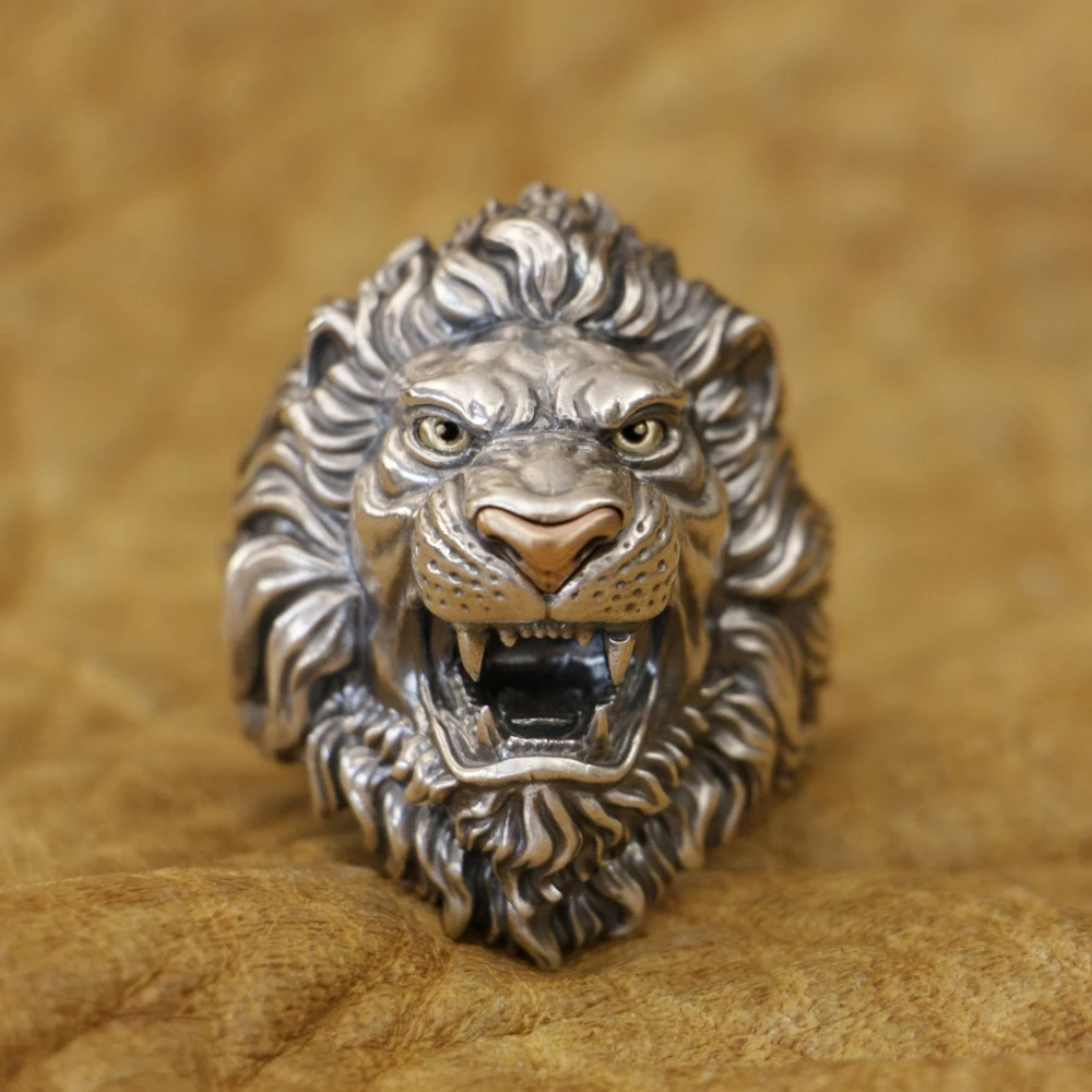 Huge 925 Sterling Silver King of Lion Ring Brass Eyes Copper Nose Adjustable Jewelry TA432 US Size 8~15 BZ