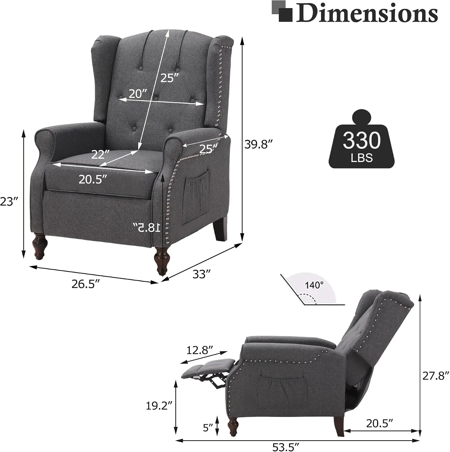 Tufted Wingback Recliner - Massage & Heat Function - Fabric Push Back Recliner with Remote Control, Adjustable Backrest (Grey)