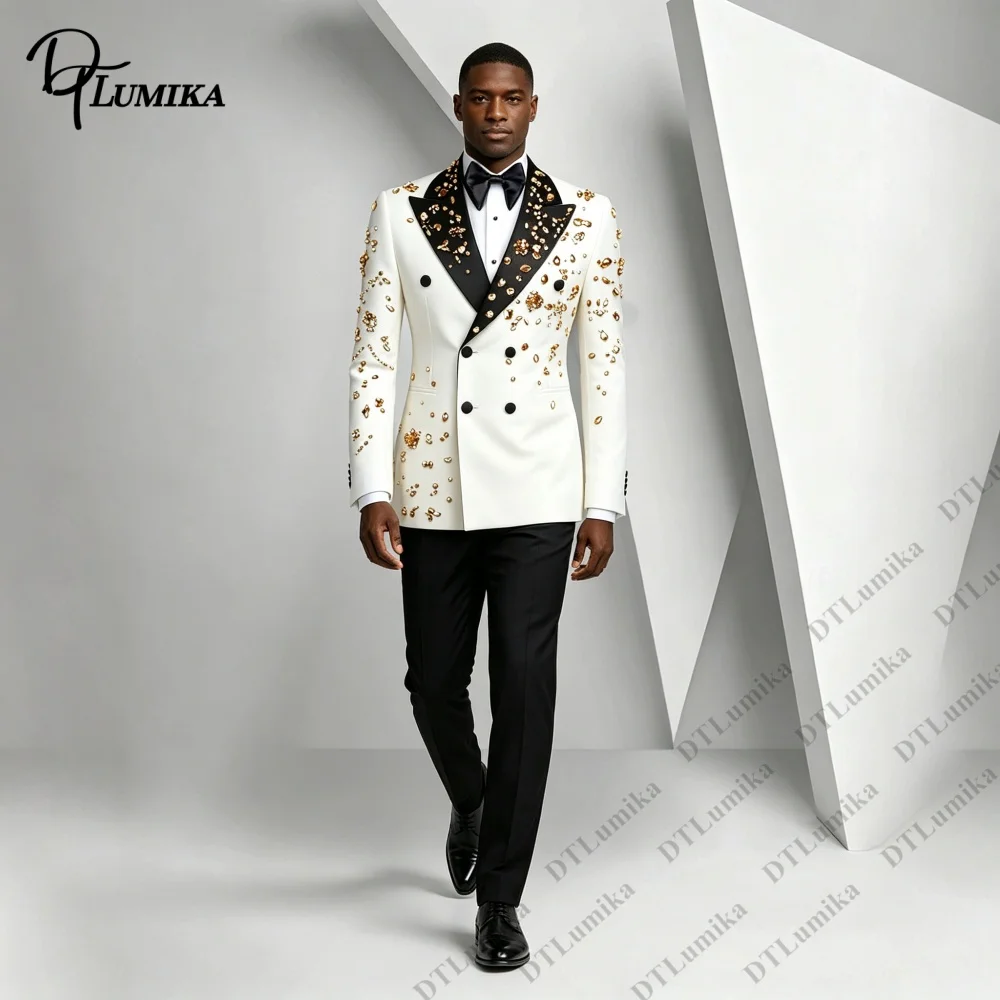 Personalized Embellished Men Tuxedo 2 Piece Double Breasted Formal Suit, Bespoke Jacket Pants for Stage Performance & Wedding