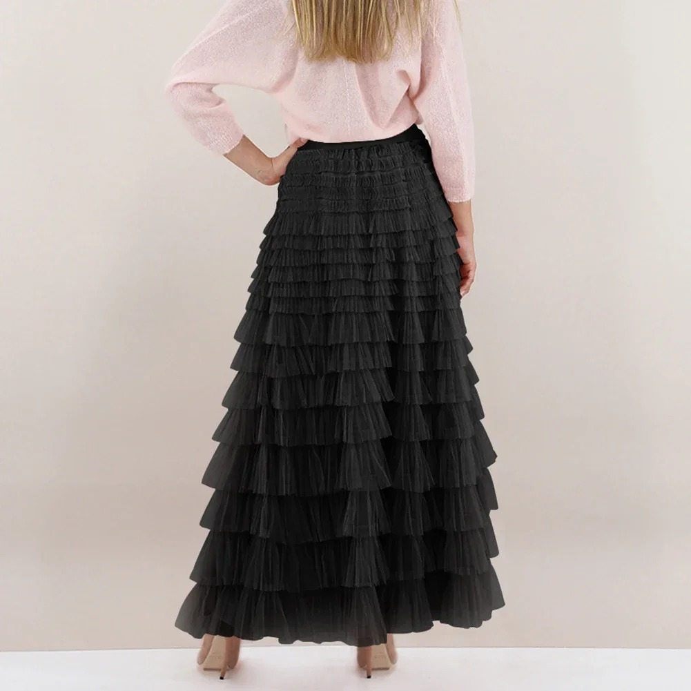

Skirt Women Skirt Solid Color A-Line Elegant High Waist Long Skirt Mesh Ruffles Comfy Fashion Hot Stylish Daily