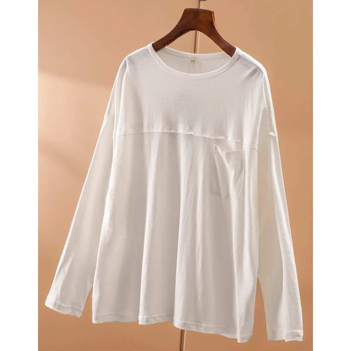 

Dave&di T-shirt Woman Clothes Female Clothing Loose Hemp Cotton Long Sleeved Loose Casual Round Neck Long Sleeved T-shirt
