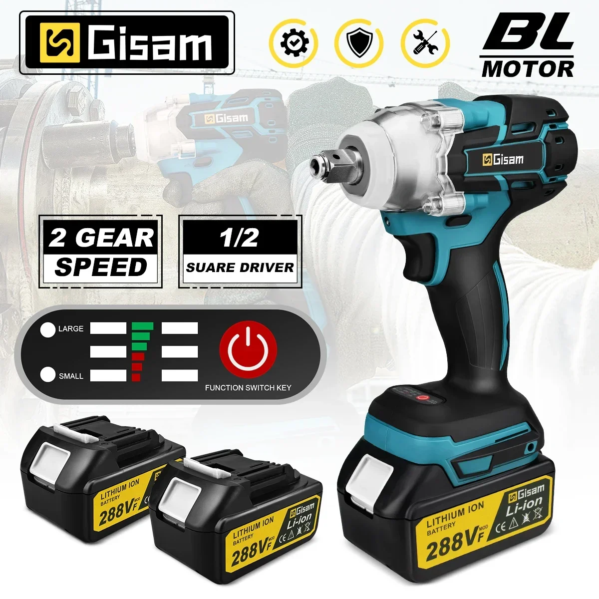 GISAM 520N.m Cordless Electric Impact Wrench Brushless Electric Wrench Hand Drill Socket Power Tool For Makita 18v Battery