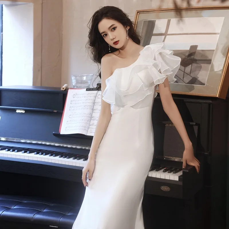 

Satin Annual White Evening Dress Skirt Female 2025 New Temperament Fishtail Waist Formal Women Elegant Birthday Party Dresses