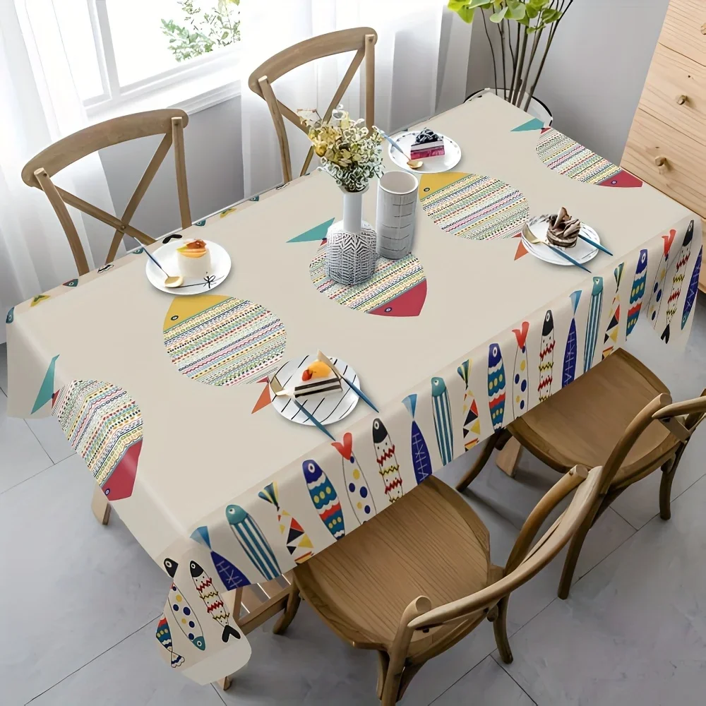 One bright fish-pattern and stripe-print tablecloth - machine washable and durable