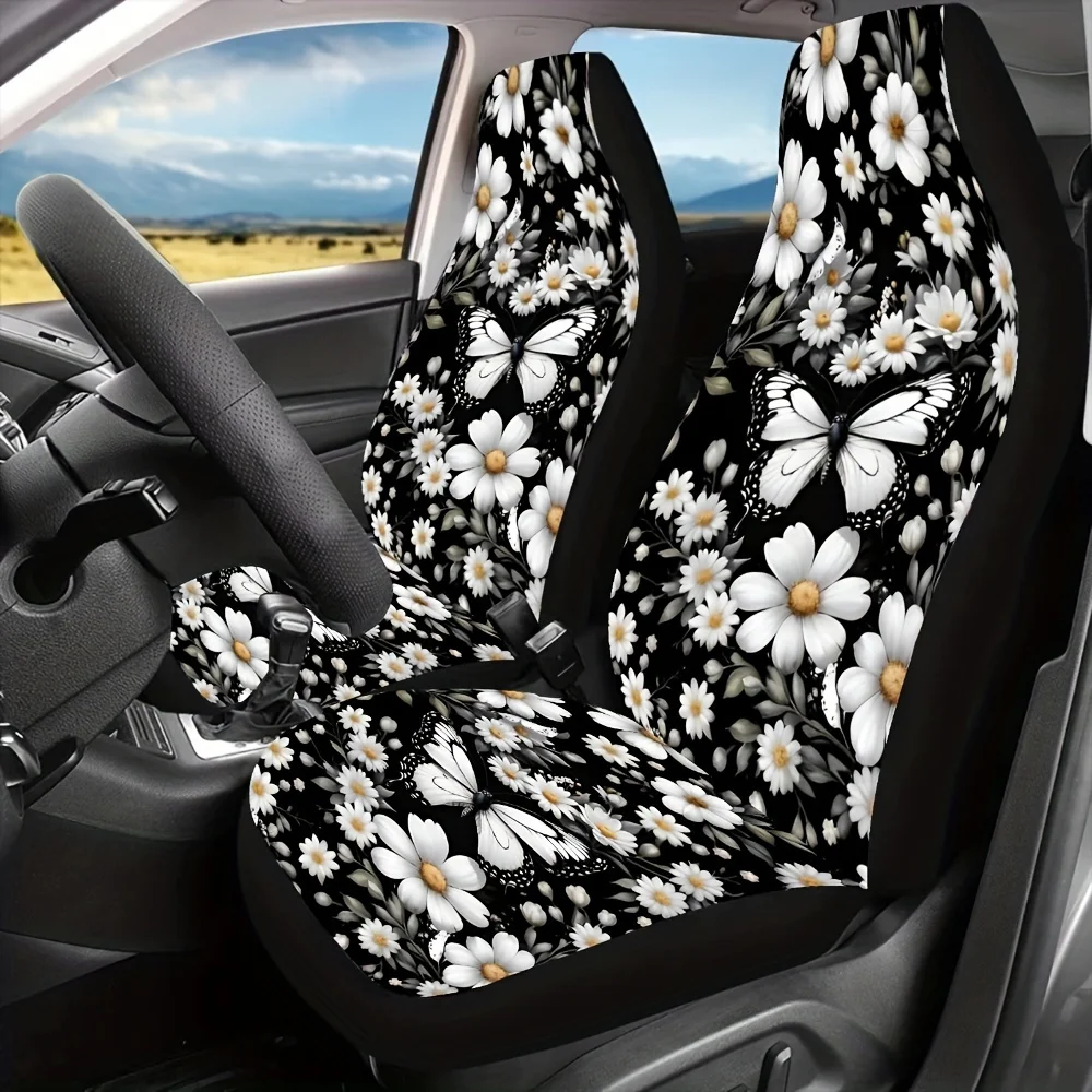 

2pcs White Daisy Butterfly Print Universal Car Seat Covers, Polyester Knit Fabric, No Filler, Front Seat Protector For Cars, SUV
