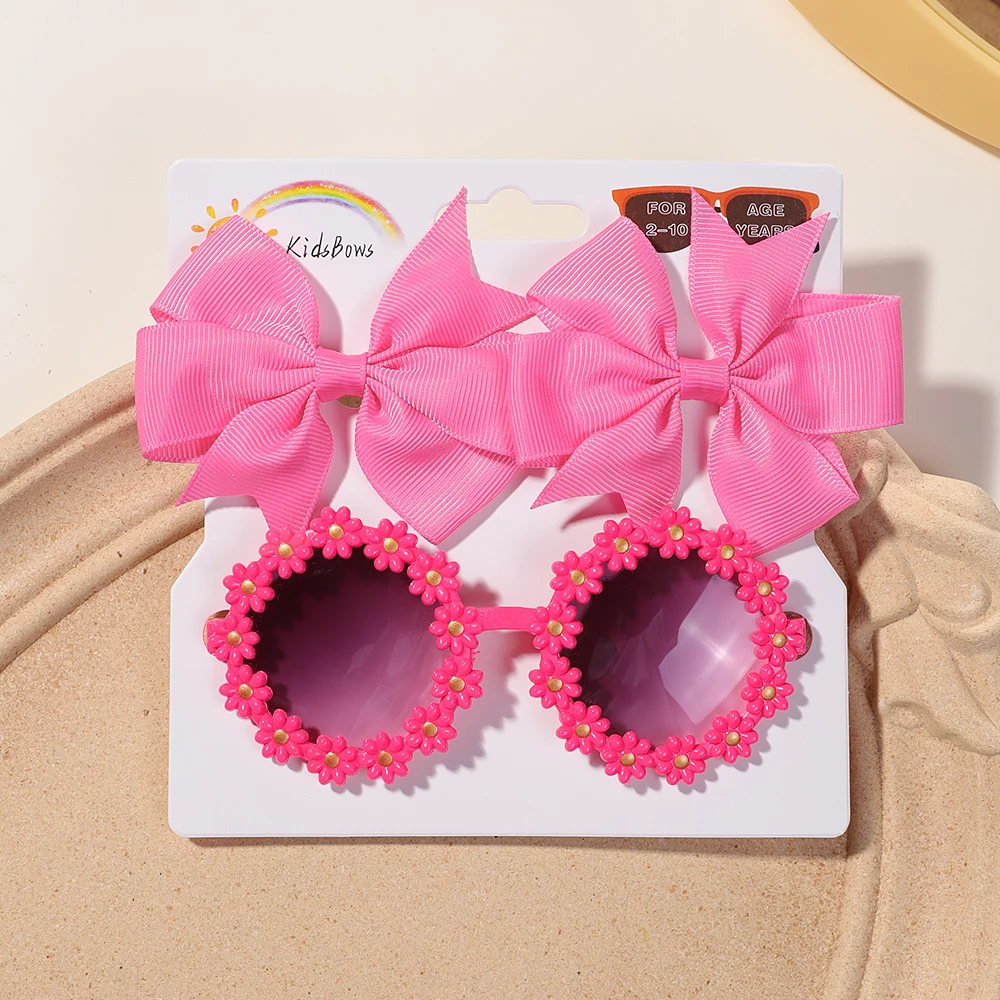 2Pcs/set Cute Girl Bow Hairclips Retro Flower Sunglasses Printing Handmade Hairgripes Kids Headwear Glasses Baby Accessories