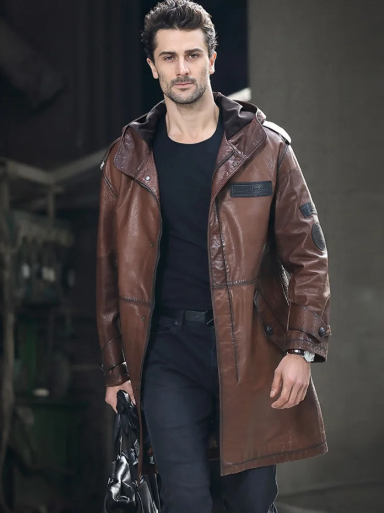 Luxury Business Men Casual Work Long Trench Coat Hooded Oil Wax Genuine Leather Jacket Windbreaker Sheepskin Loose Cargo Coats