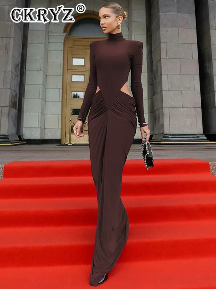 فستان أنيق للحفلات المسائية للسيدات للخريف بأكمام طويلة مفرغة فساتين ماكسي مكشكشة ملابس النادي ملابس الخريف