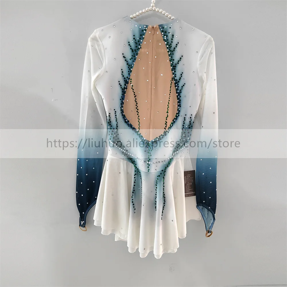 LIUHUO Women Aldult Girl Customize Costume Performance Competition Leotard Ice Figure Skating Dress White Green Gradient Color