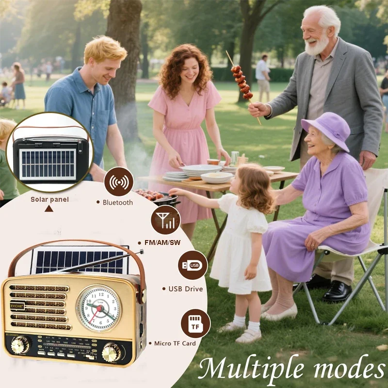 

Многофункциональное FM/AM/SW-радио с солнечной панелью, ретро-дизайн часов, Bluetooth-колонка, поддержка воспроизведения с TF-карты и USB-накопителя