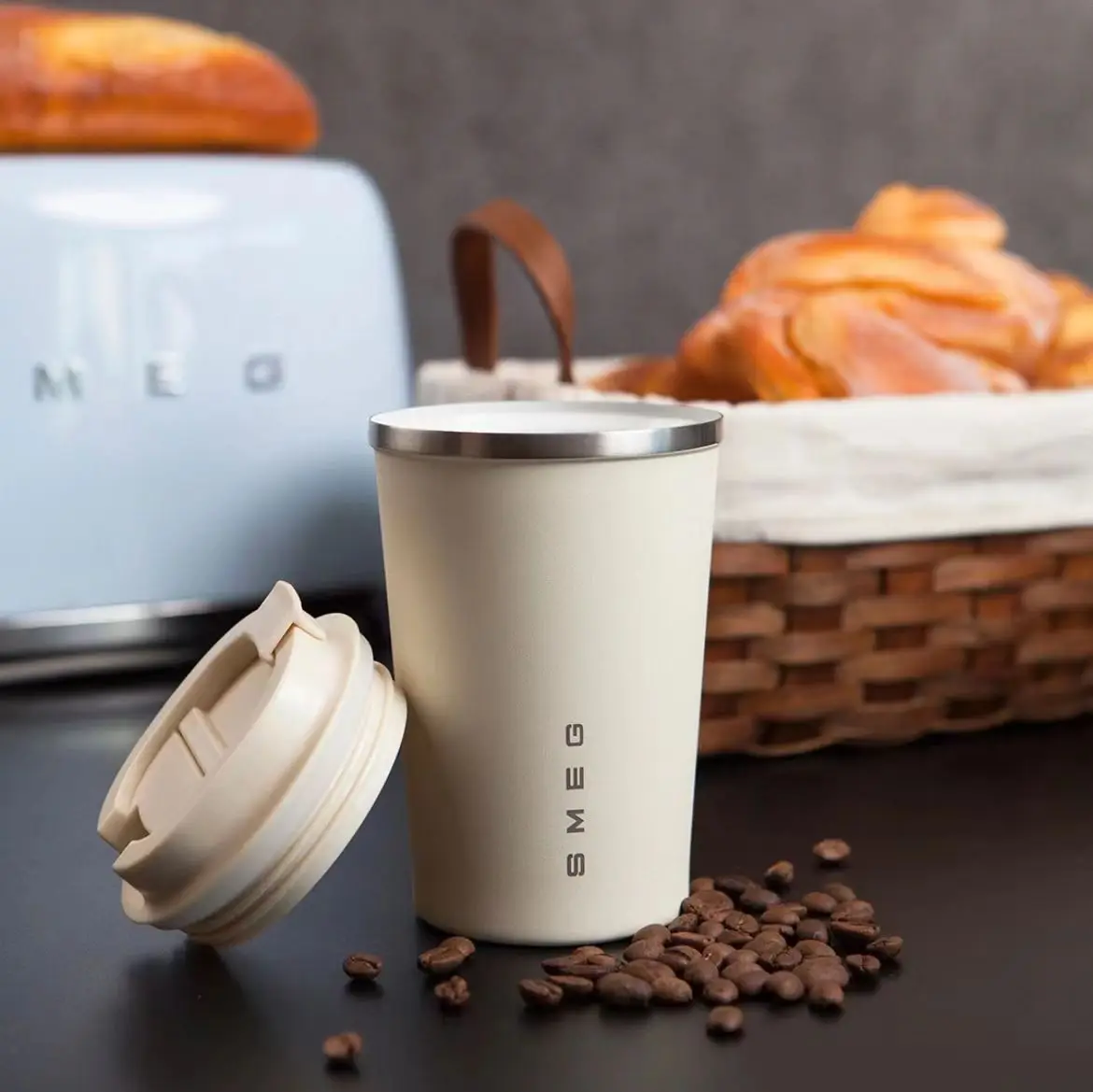 Original 350ml SMEG coffee cup with stainless steel body and ceramic inner liner. Portable Insulated Cup