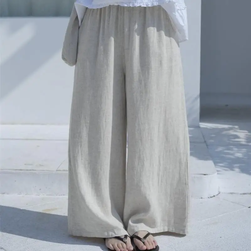 

New Arrival Spring Summer Style Women Elastic Waist Loose Length Pants All-matched Casual Solid Cotton Linen Wide Leg Pants 1415