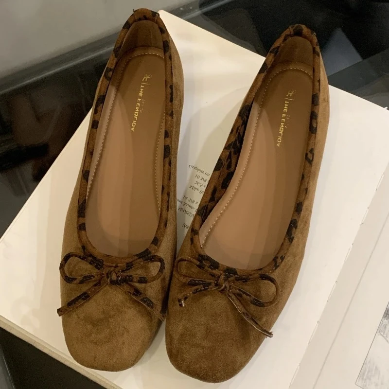 

Brand Ballet Mary Jane Shoes Women Bowknot Shallow Leopard Print Fashion Dress Shoes Comfort Suede Elegant Flat Shoes Women