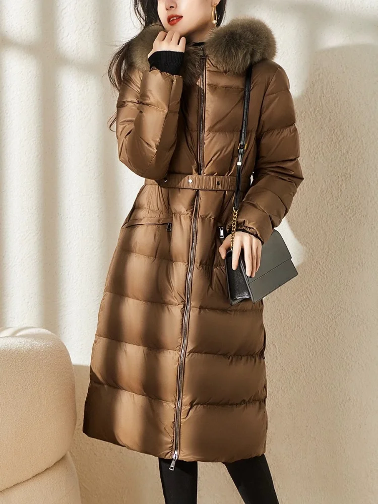 Women\'s Winter Down Jacket 2024 New Outerwears Hooded Big Fur Collar Belt Parka Luxury High End Long Female Coats Down