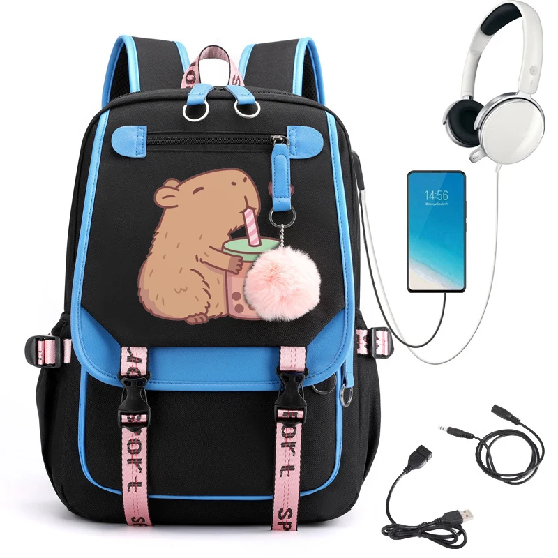 Teenage Bookbag Nylon Rucksack Cute Capybara Loves Bubble Tea Fashion Girl Backpacks Women Shoulder Bag High School Schoolbag