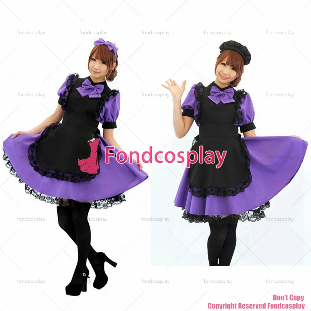 

fondcosplay adult sexy cross dressing sissy maid short Purple Cotton Lockable Dress Uniform black apron Costume CD/TV[G1253]