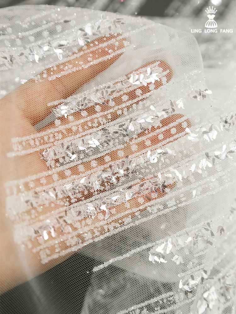 Sequins Stripe Mesh Stamping Lace Fabric Perspective Glitter Stage Decoration Wedding Dress Designer Fabrics