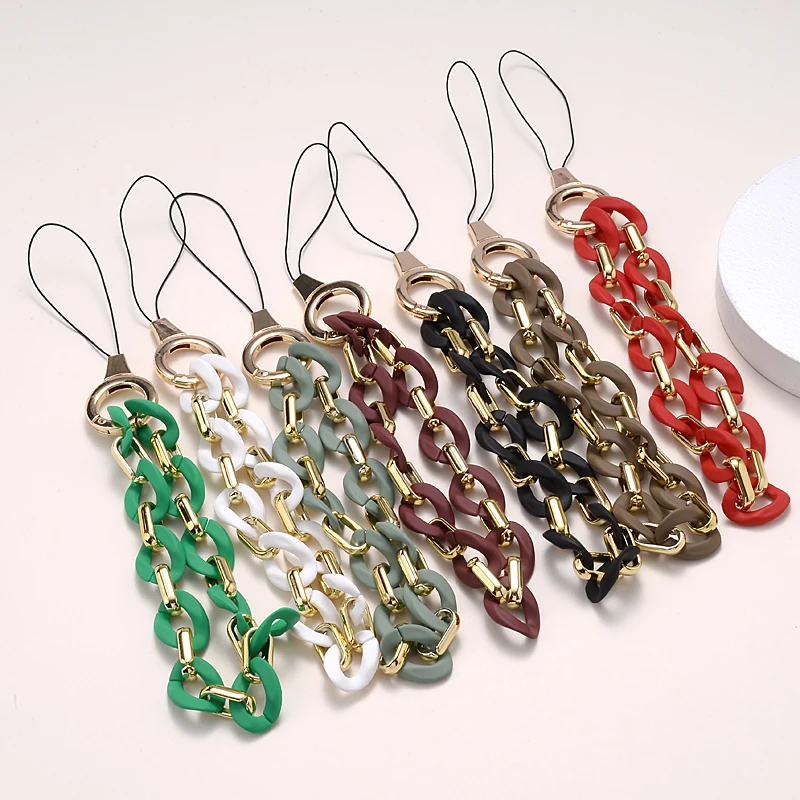 Fashion Colorful Acrylic Mobile Phone Chain Women Metal Beaded Phone Lanyard Key Chain Hold Straps Gift Accessories Wholesale