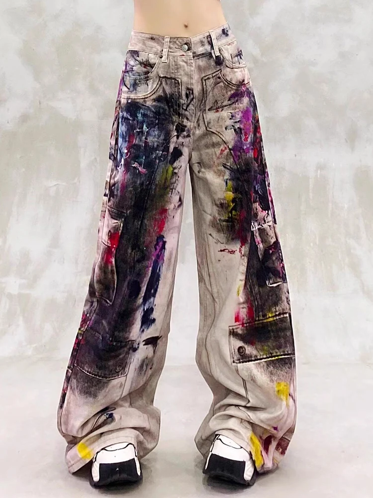 Y2K Distressed Jeans Women Graffiti Dirty Washed High Street American Style Spring Autumn Loose Casual High Waist Wide Leg Pants