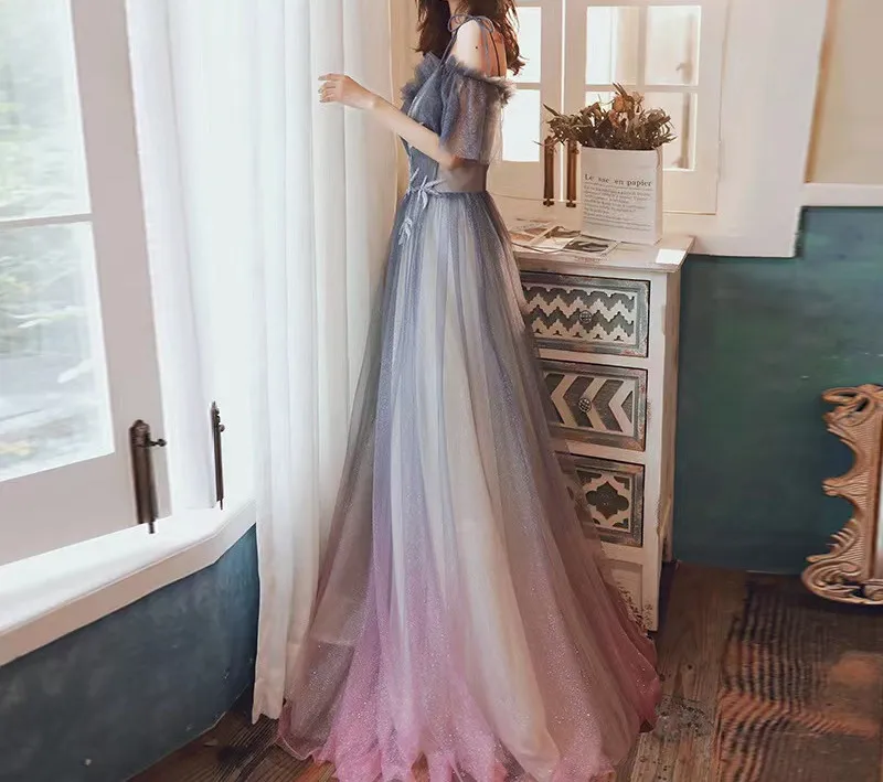 

Tulle Gradient Prom Dresses A-Line Appliques Spaghetti Strap Off The Shoulder Sexy Sleeveless V-Neck Party Wedding Evening Gowns
