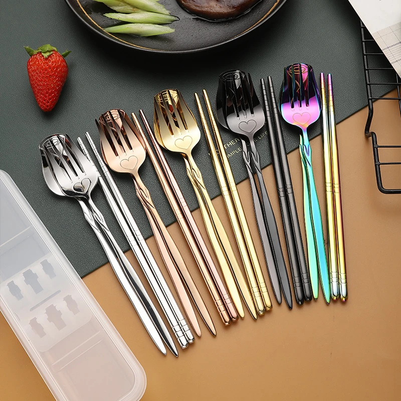 Portable Rose Cutlery Set with Case Stainless Steel Gold Dining Fork Spoon Chopsticks Dinnerware Outdoor Kitchen Utensils