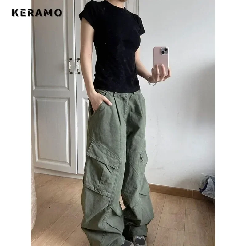 

American Vintage High Waisted Green Emo Jeans Women's Casual 2000s Cargo Pants Baggy Y2K Wide Leg Grunge Washed Denim Trouser
