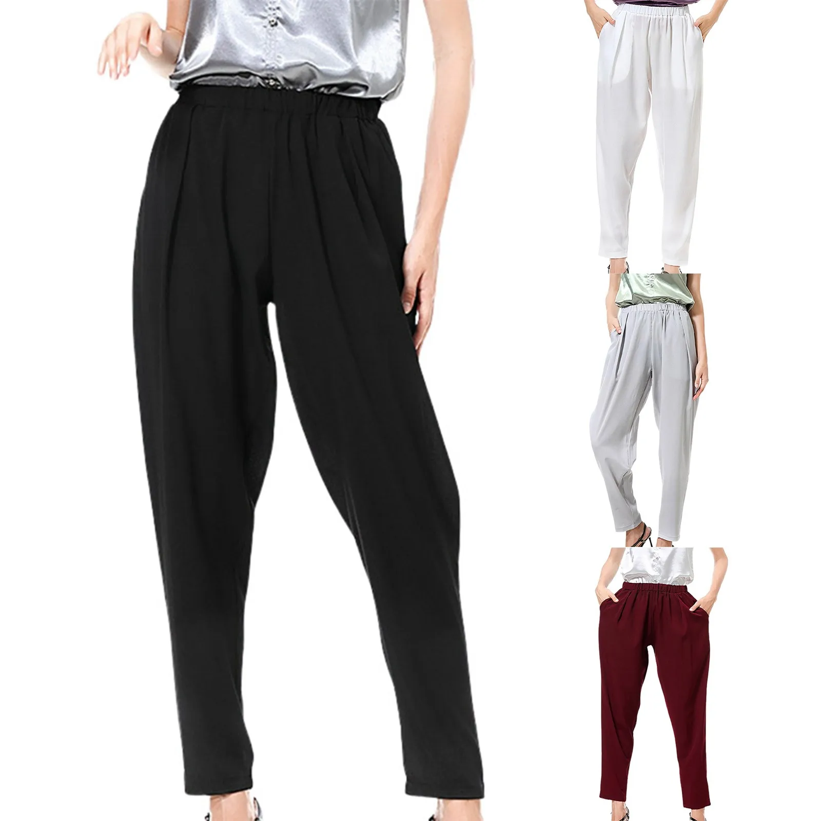 Ladies Casual Fashion Long Solid Color Casual Harem Pants With Pockets 린넨바지 여성