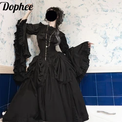 Dophee Lolita Gothic Style 3pcs Set Dark Black Flare Long Sleeve Shirt + Elegant Burp Cloth + Fishbone High Waist Skirt Y2k Sets