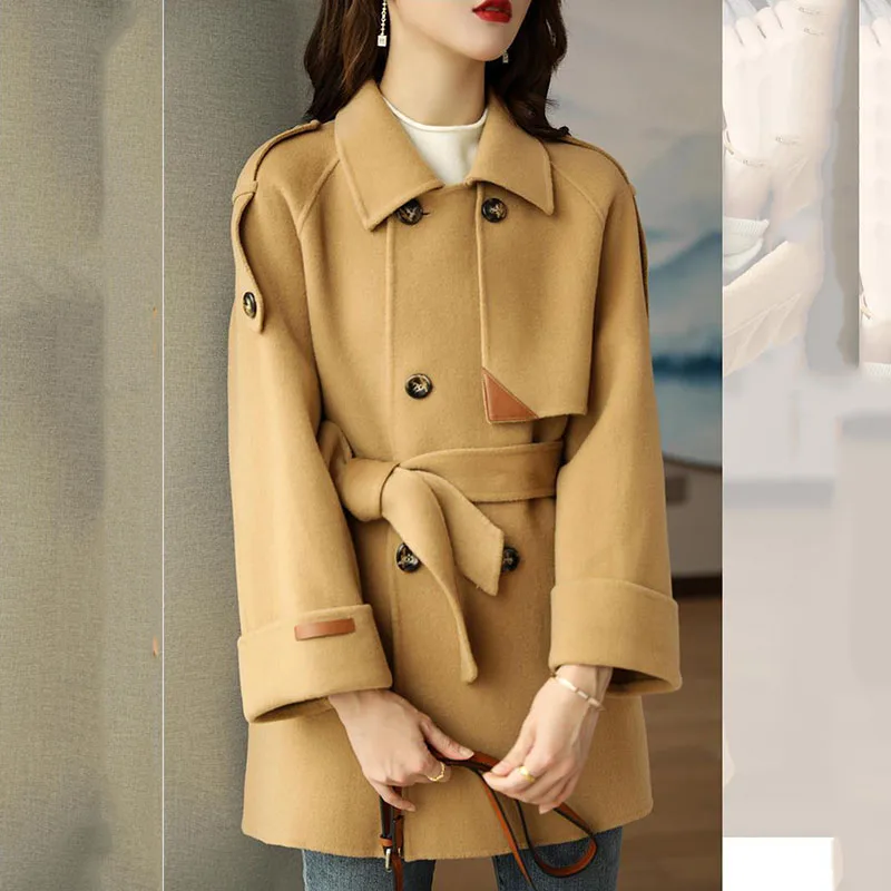 

Элегантное новое шерстяное пальто, модное офисное женское двубортное зимнее шерстяное пальто с квадратным воротником, 2025 г., женское пальто с широкой талией и карманами