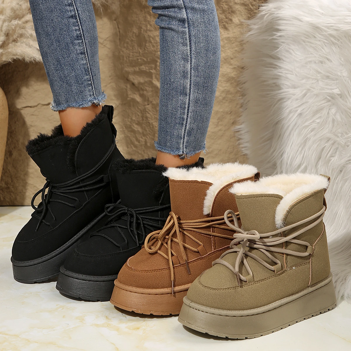 2024 Cold-proof and Warm Winter Women Boots New Lace Up Design Women Platform Thickened Fluff Boots Anti-slip Fashion Boots