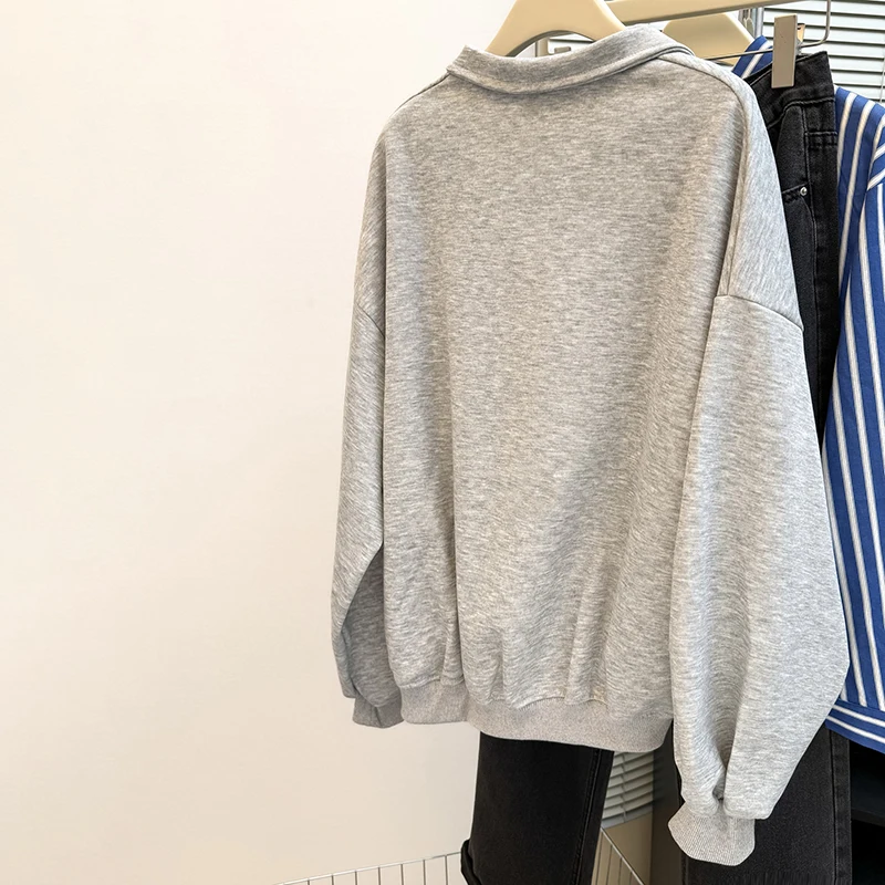 솔리드 컬러 v 넥 스웨트 다목적 세련된 긴 소매 탑 여성을위한 고급 느슨한 옷깃 간단한 풀오버