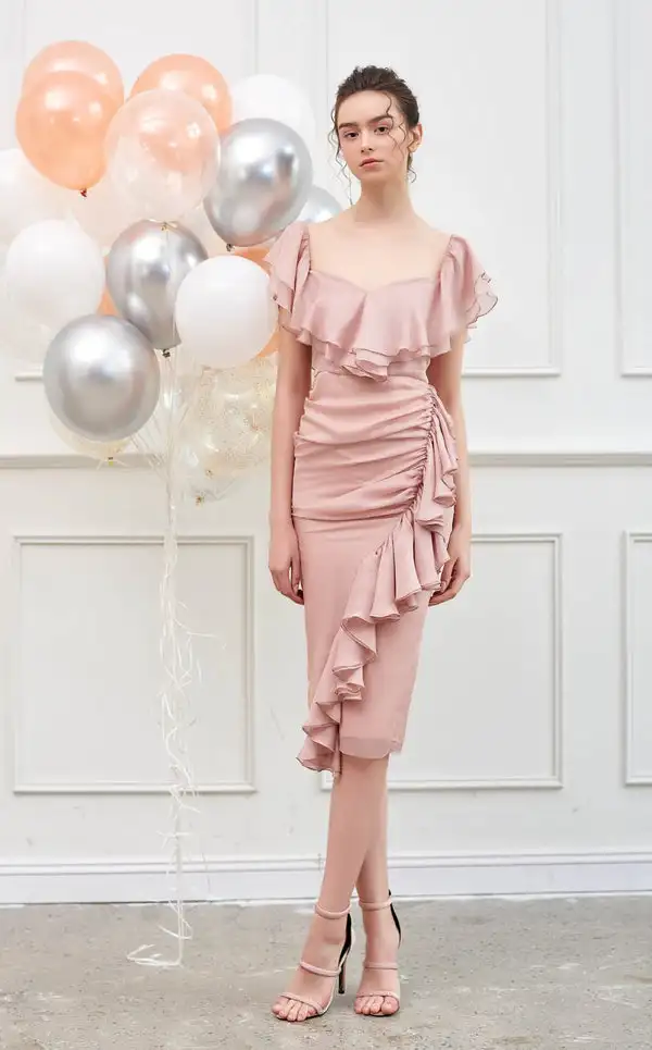 

Customized Classic Chiffon Tiered Pleat Ruffle Straight Square Neck Midi Dresses Bespoke Occasion Dresses Exquisite High quality