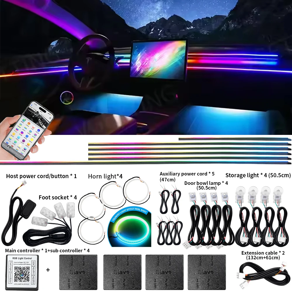 6/10/14/18/22 in 1 Led Car Ambient Light RGB 213 Colors Acrylic Strip Symphony Streamer Interior Rainbow Atmosphere Lighting Kit