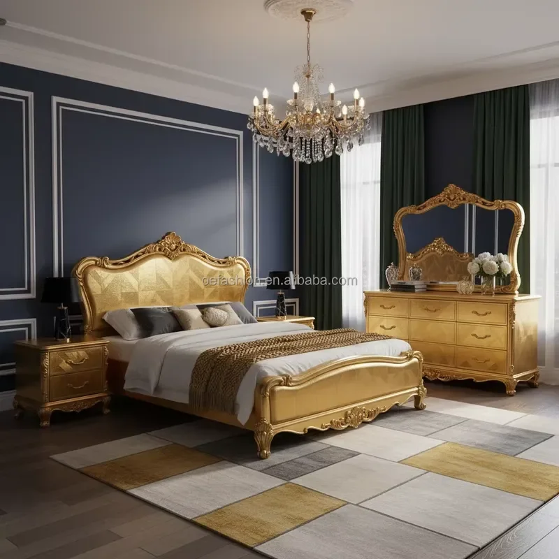 Luxury Antique Gold Foil King Bed Wardrobe Set Bedroom Furniture Hotel Villa Home Decor Elegant Classic Design High End Style