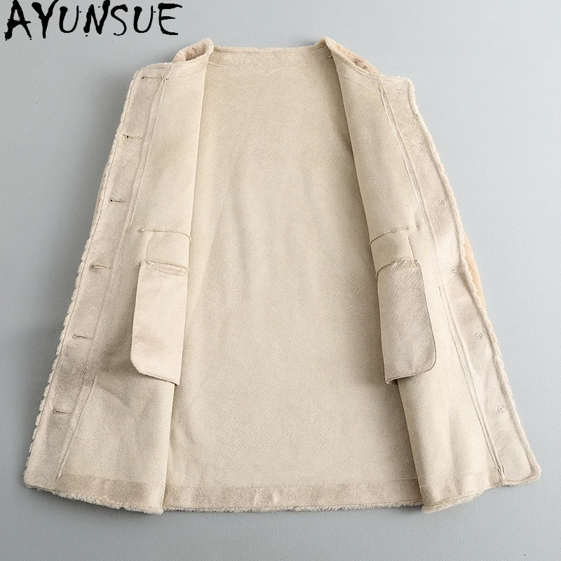 เสื้อโค้ทขนสัตว์แท้ 100% ยี่ห้อ AYUNSUE สำหรับผู้หญิง แจ็คเก็ตขนแกะแท้ เสื้อผ้าฤดูใบไม้ร่วงและฤดูหนาว เสื้อคลุมขนสัตว์ผสมสำหรับผู้หญิง เสื้อคลุมด้านนอก