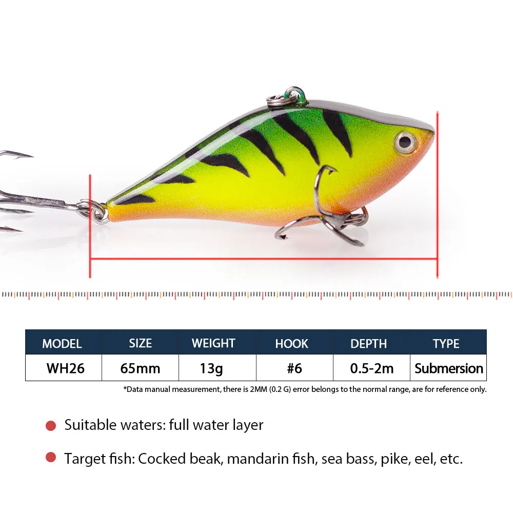 Hanlin 65mm/13g Slow Sinking VIB Lure Vibration Rattling Ball Artificial Wobbler Hard Bait Lipless Crankbait Ice Fishing Tackle