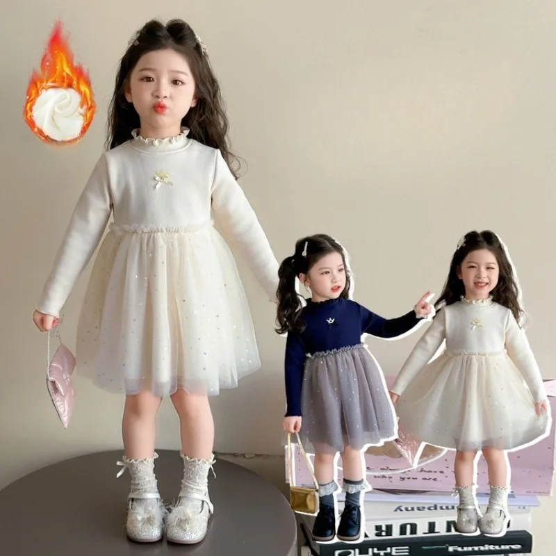 Children's clothing 2026 autumn and winter warm and beautiful girls' dress with velvet mesh yarn dress