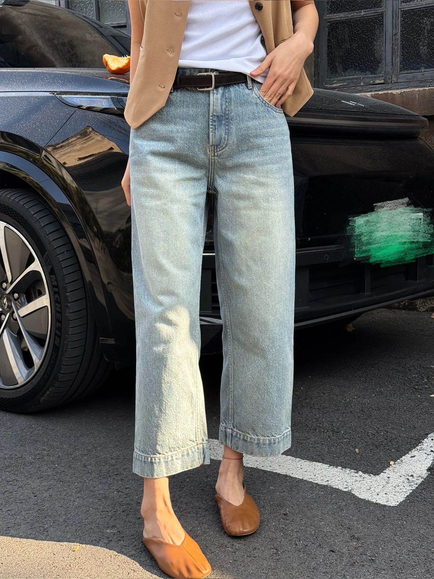 

Blue Slimming Straight Leg Wide Leg Jeans Women's Spring New Style Casual Pure Color Mid-Year Cotton Natural Waist Zipper