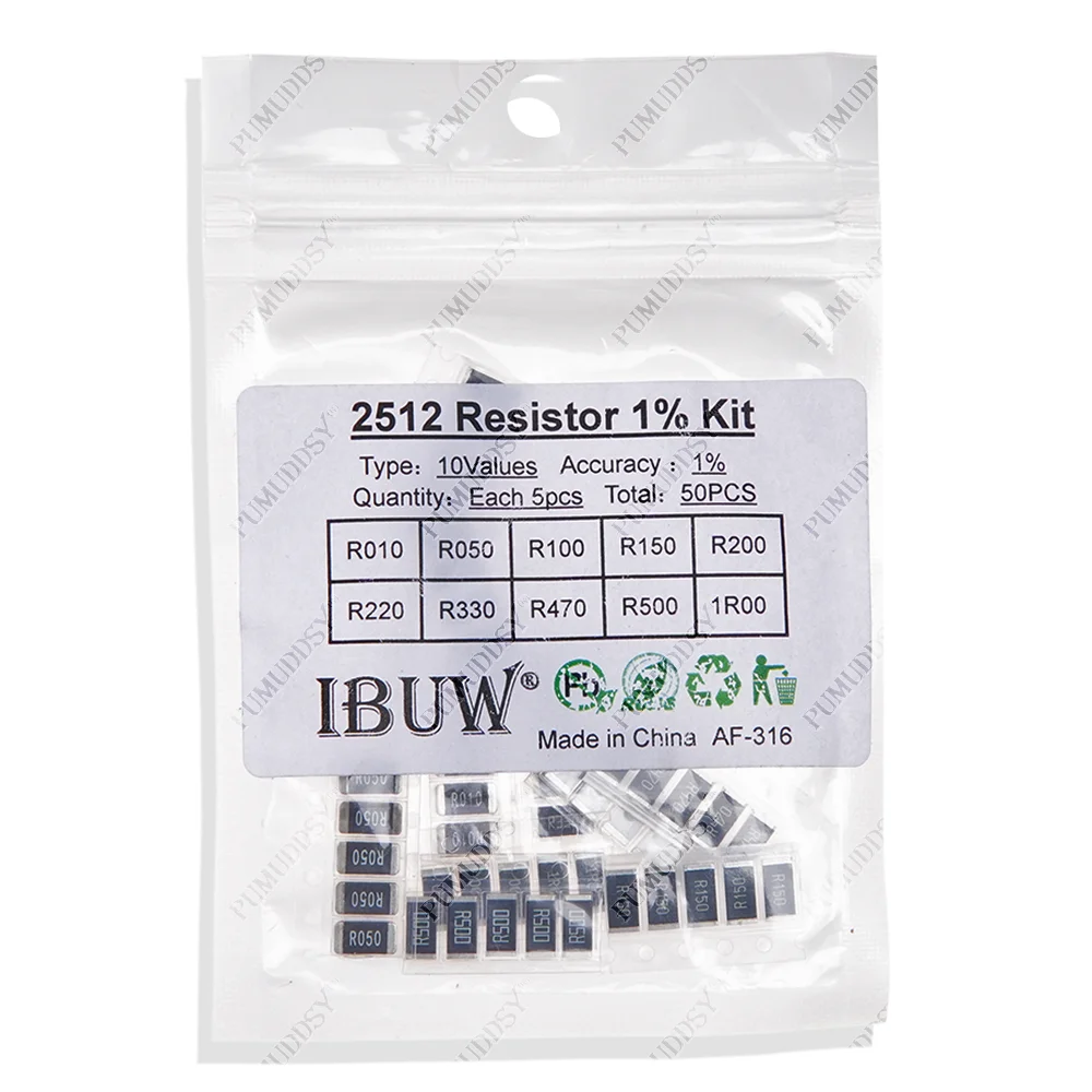 50 قطعة 1% 2512 مقاوم SMD عينات عدة 10ValueX5PCS = 50 قطعة 1R00 R500 R470 R330 R220 R200 R150 R100 R050 R010