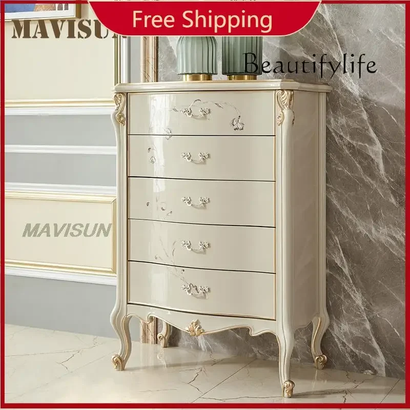 

u W American Solid Wood Chest Of Drawers White Light Luxury Hand-Carved Pattern Storage Cabinet Simple Bedroom Home Kitchen Stan