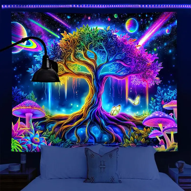 VIKAMA Blacklight Tapestry Wall Hanging Uv Reactive Mushroom Forest Waterfall Tree Of Life Psychedelic Trippy Wall Art Decor
