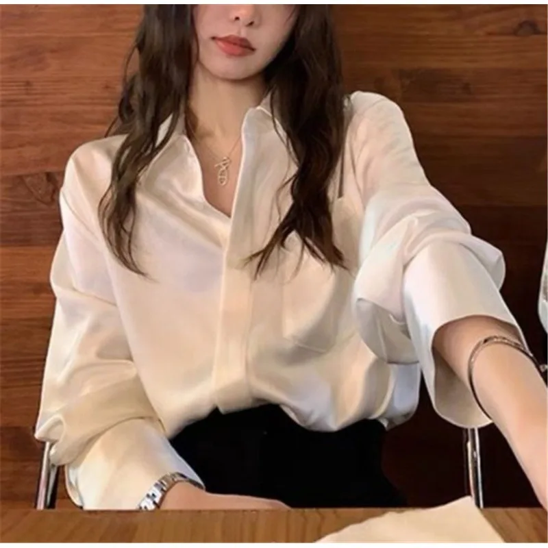 Elegant Glossy Satin Shirts Blouse Women Office Wear and Formal Occasions Shirts