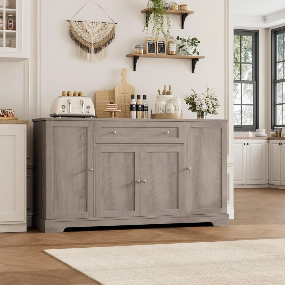 خزانة بوفيه مقاس 54 بوصة مع مساحة تخزين، وخزانة جانبية للمطبخ الحديث مع درج، ومحطة بار قهوة خشبية مع أرفف قابلة للتعديل #3