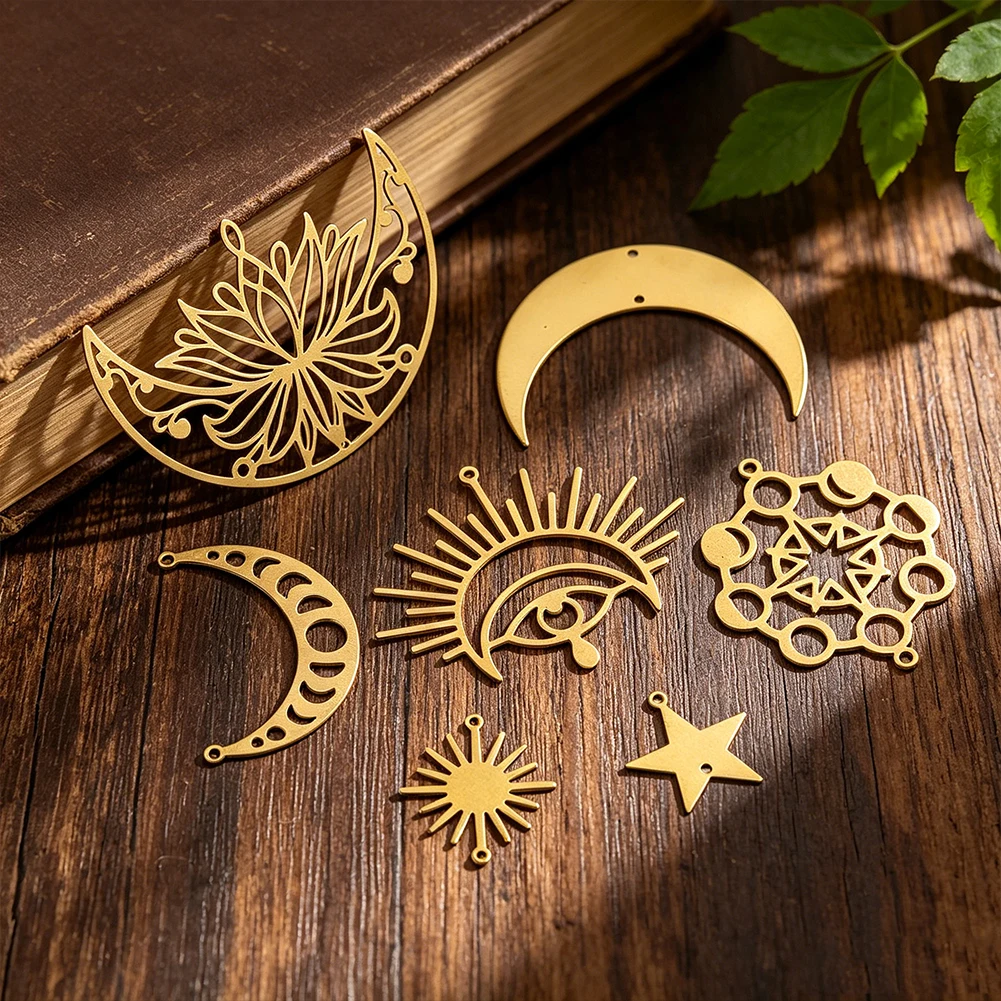 7pcs/set Brass Unplated Hanging DIY Suncatcher Crystal Connector Celestial Filigree Connector Jewelry Making Witchcraft Decor